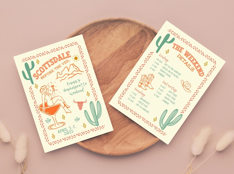 May include: Two cream-colored cards with a southwestern theme. The first card has a cactus, a woman in a cowboy hat holding a margarita, and the text "Scottsdale Before the Veil" and "Emmn's Bachelorette Weekend". The second card has a cactus and the text "The Weekend Details" with a schedule of events for Friday, Saturday, and Sunday.