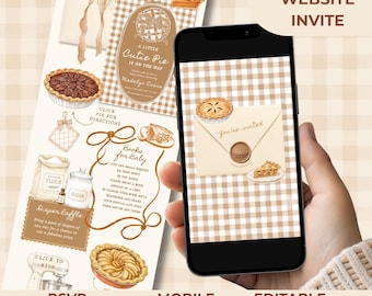 May include: A digital baby shower invitation template featuring a beige gingham background with watercolor illustrations of pies, baking supplies, and envelopes. The text includes A LITTLE CUTIE PIE IS ON THE WAY, Books for Baby, Diaper Raffle, and You're invited.