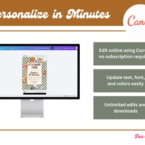May include: A computer monitor displays a customizable invitation design with the text "IT'S GAME TIME." The image promotes easy online editing using Canva, with options to update text, fonts, and colors. The design is for a 4th birthday.