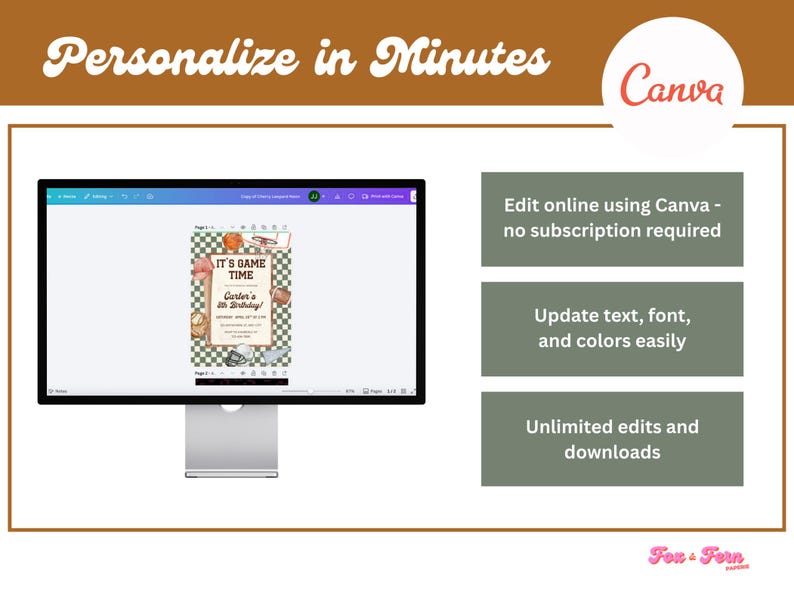 May include: A computer monitor displays a customizable invitation design with the text "IT'S GAME TIME." The image promotes easy online editing using Canva, with options to update text, fonts, and colors. The design is for a 4th birthday.