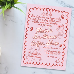 Convite para festa em casa em cafeteria, convite para café em casa, modelo de convite personalizável para download digital, festa de brunch, festa de café da manhã