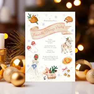 Może przedstawiać: Białe zaproszenie z złotym brokatem i czerwonymi akcentami. Zaproszenie na "Favorite Things Party" 22 grudnia o godzinie 18:00. Zaproszenie zawiera listę szczegółów, w tym adres, informacje RSVP i prośbę o przyniesienie dwóch zapakowanych ulubionych rzeczy o wartości 10 €.