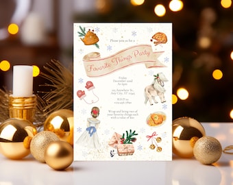 May include: A white invitation with gold glitter and red accents. The invitation is for a "Favorite Things Party" on December 22nd at 6 pm. The invitation includes a list of details, including the address, RSVP information, and a request to bring two wrapped favorite things with a value of $10.