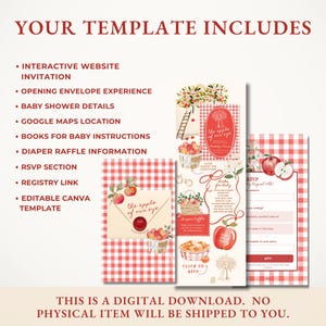 May include: A digital baby shower invitation template featuring a red and white gingham pattern, apple illustrations, and text including "the apple of our eye," "books for baby," "diaper raffle," and "RSVP." The design includes interactive elements.