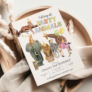 May include: A birthday party invitation featuring watercolor illustrations of various animals wearing party hats. The text "Calling all PARTY ANIMALS" is at the top. The invitation includes details for Owen's 3rd birthday, including the date, time, and RSVP information.