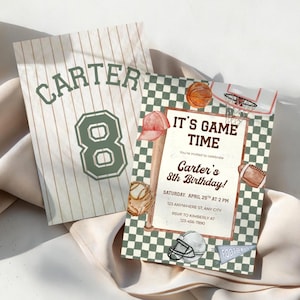 May include: Two sports-themed birthday invitations. One resembles a baseball jersey with "CARTER" and the number "8". The other features a checkered background and sports equipment illustrations with the text "IT'S GAME TIME" and "Carter's 8th Birthday!"