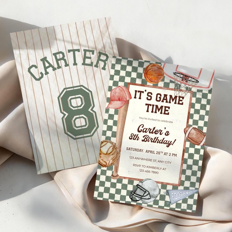 May include: Two sports-themed birthday invitations. One resembles a baseball jersey with "CARTER" and the number "8". The other features a checkered background and sports equipment illustrations with the text "IT'S GAME TIME" and "Carter's 8th Birthday!"