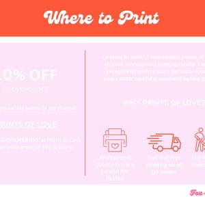 May include: A promotional graphic with the text "Where to Print" in a retro font. It includes a 10% off coupon code for Prints of Love, highlighting professional quality prints, fast shipping, and an eco-friendly commitment.