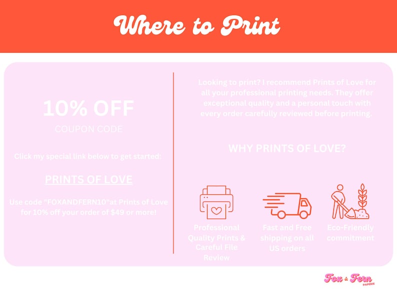 May include: A promotional graphic with the text "Where to Print" in a retro font. It includes a 10% off coupon code for Prints of Love, highlighting professional quality prints, fast shipping, and an eco-friendly commitment.
