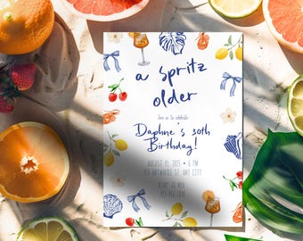 Invito di compleanno "A Spritz Older": festa estiva ad acquerello, fiocchi e ciliegie (download digitale)