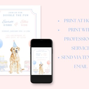 Joint Birthday Puppy Party Invite, Dog Party Invitation Template, Blue and Pink Gingham Puppy Party, Grand Millennial Puppy Birthday Invite