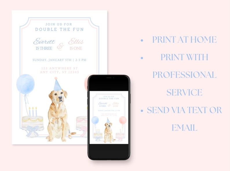 Joint Birthday Puppy Party Invite, Dog Party Invitation Template, Blue and Pink Gingham Puppy Party, Grand Millennial Puppy Birthday Invite