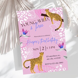 Young Wild Three Invite, Leopard Print Birthday Invitation, Pink Leopard Birthday Invite, Third Birthday Theme Invite Template