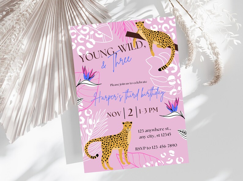 Young Wild Three Invite, Leopard Print Birthday Invitation, Pink Leopard Birthday Invite, Third Birthday Theme Invite Template