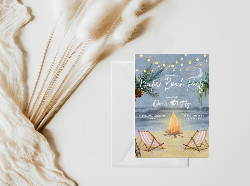 May include: A beach-themed invitation with the text "Bonfire Beach Party" and event details. The invitation features a watercolor illustration of a bonfire, beach chairs, and palm trees under a starry sky. The invitation is inside a white envelope.