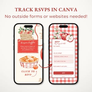 May include: Two smartphones displaying digital invitation templates with a red and white gingham theme. The screens feature watercolor apple illustrations, a diaper raffle section, and an RSVP form with text reading TRACK RSPS IN CANVA.