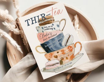 Plantilla de invitación editable para fiesta de té de 30 años de Thir-tea