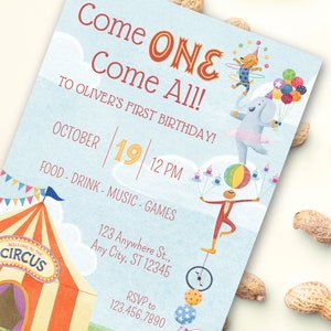 Circus 1st Birthday Invitation Template: Watercolor Carnival Theme (Canva Editable)