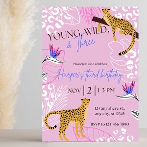 Young Wild Three Invite, Leopard Print Birthday Invitation, Pink Leopard Birthday Invite, Third Birthday Theme Invite Template