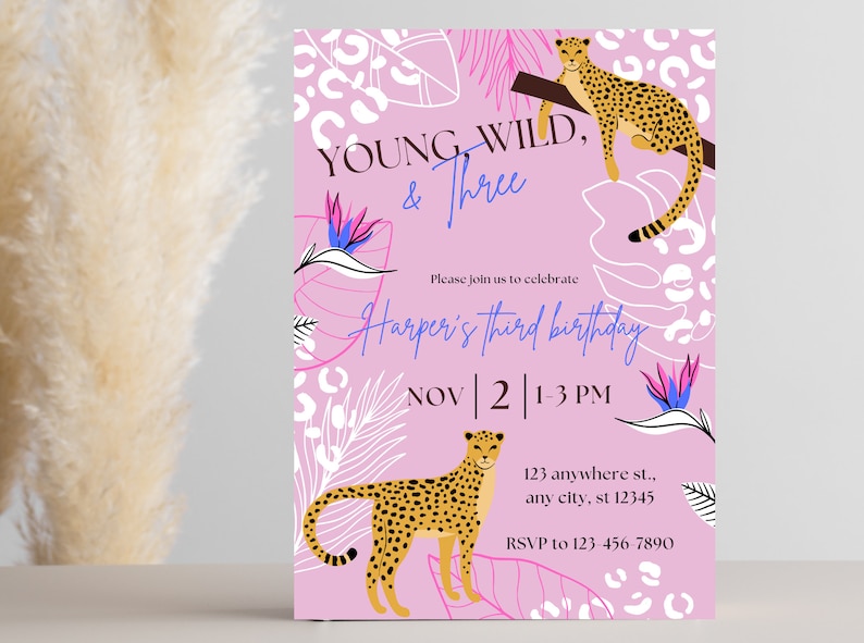 Young Wild Three Invite, Leopard Print Birthday Invitation, Pink Leopard Birthday Invite, Third Birthday Theme Invite Template