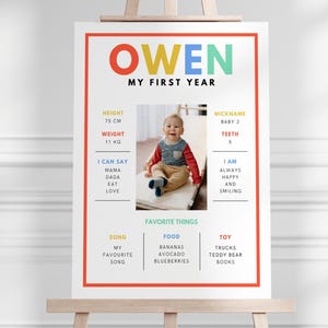 May include: A personalized poster on an easel, featuring the name "OWEN" in colorful letters. The poster includes a photo of a baby and details like height (75 cm), weight (11 kg), and favorite things such as bananas and trucks. The text reads "MY FIRST YEAR".