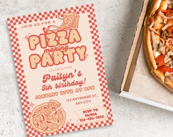 May include: A red and white checkered invitation for a pizza making party celebrating Paityn's 5th birthday. The invitation features a cartoon pizza character and a pizza slice. The text on the invitation reads "Join us for a pizza making party celebrating Paityn's 5th birthday! January 27th at 3pm 123 Anywhere St., Any City RSVP to Olivia: 123-456-7890"