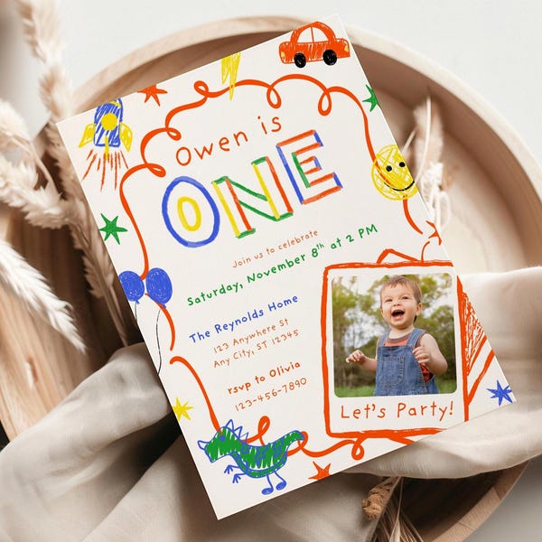 Crayon Doodles Boy 1st Birthday Invitation | Photo Template (Digital Download)