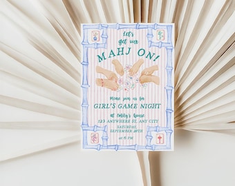 May include: A watercolor invitation for a Girl's Game Night, featuring the text "Let's get our MAHJ ON!" in a playful font. The invitation includes details like the date, time, and location, framed by a bamboo-style border with a striped background.