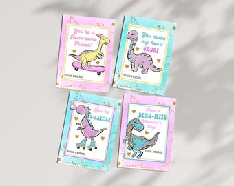 Girl Dinosaur Valentines: Watercolor Glitter Cards (Digital Download)