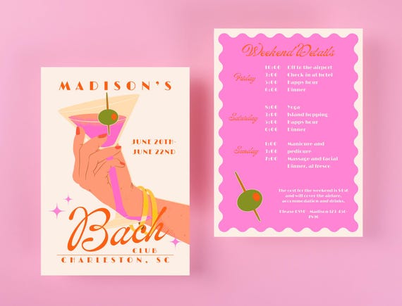 Martini Bachelorette Invite: Modern Pink Itinerary Bundle (Digital Download)