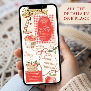 May include: A smartphone screen displaying a digital baby shower invitation with a red gingham pattern, apple tree illustrations, and text including 'the apple of our eye', 'Books for Baby', and 'Diaper Raffle' with a red apple graphic at the bottom.