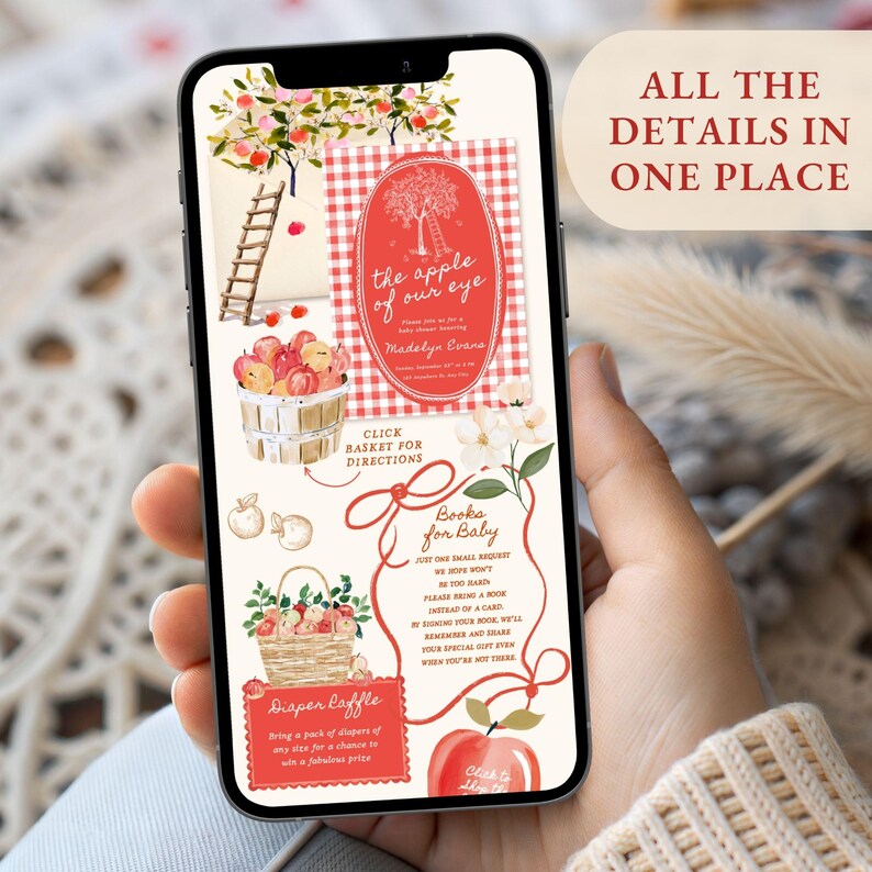 May include: A smartphone screen displaying a digital baby shower invitation with a red gingham pattern, apple tree illustrations, and text including 'the apple of our eye', 'Books for Baby', and 'Diaper Raffle' with a red apple graphic at the bottom.