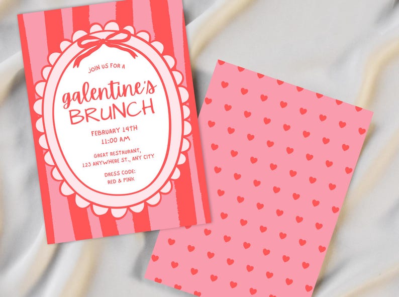 Galentines Day Brunch Invite, Coquette Valentine's Invite, Valentines Day Brunch, Hand Drawn Coquette Bow Galentines Day Invite Template