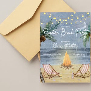 May include: Watercolor invitation for a bonfire beach party. The invitation features a bonfire, beach chairs, palm trees, and string lights. The text reads "Bonfire Beach Party" and "Olivia's 30th birthday."