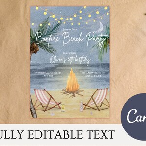 May include: Watercolor invitation for a bonfire beach party. The design features a bonfire, beach chairs, and palm trees. The text reads "Bonfire Beach Party" and includes event details. The Canva logo is visible.