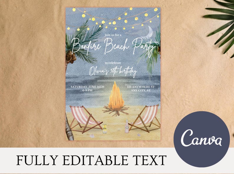 May include: Watercolor invitation for a bonfire beach party. The design features a bonfire, beach chairs, and palm trees. The text reads "Bonfire Beach Party" and includes event details. The Canva logo is visible.