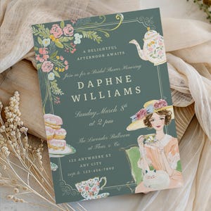 May include: Bridal shower invitation with a teal background, floral accents, and a vintage illustration of a woman in a hat. Text includes "Daphne Williams" and event details. The invitation is surrounded by a beige fabric.