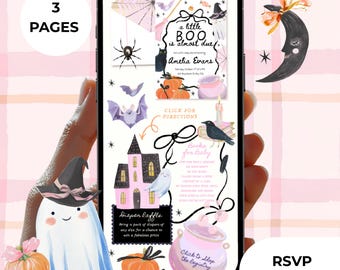 May include: A digital invitation displayed on a smartphone screen featuring Halloween-themed illustrations including a haunted house, ghosts, pumpkins, bats, a black cat, and a cauldron. The text reads A little BOO is almost due, Amelia Evans, and Books for Baby.