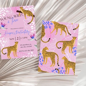 Young Wild Three Invite, Leopard Print Birthday Invitation, Pink Leopard Birthday Invite, Third Birthday Theme Invite Template