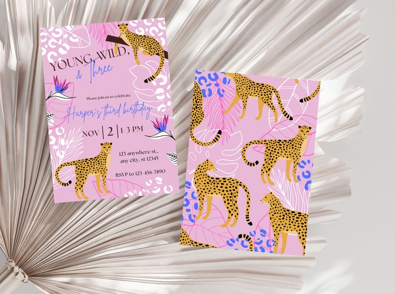 Young Wild Three Invite, Leopard Print Birthday Invitation, Pink Leopard Birthday Invite, Third Birthday Theme Invite Template