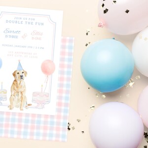 Joint Birthday Puppy Party Invite, Dog Party Invitation Template, Blue and Pink Gingham Puppy Party, Grand Millennial Puppy Birthday Invite