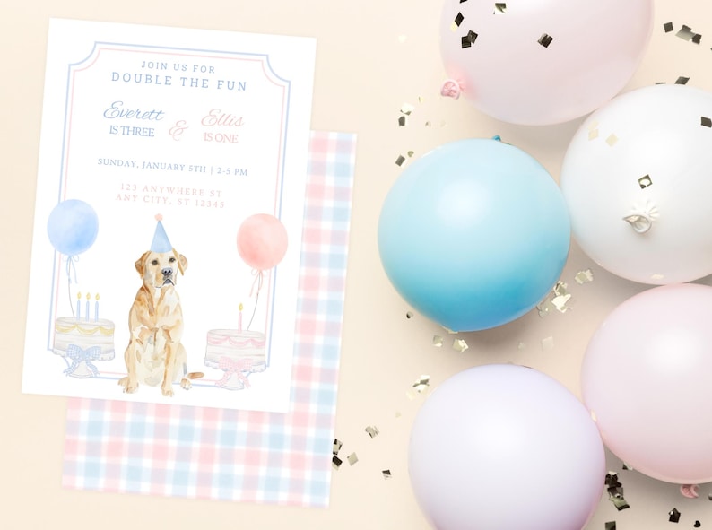 Joint Birthday Puppy Party Invite, Dog Party Invitation Template, Blue and Pink Gingham Puppy Party, Grand Millennial Puppy Birthday Invite