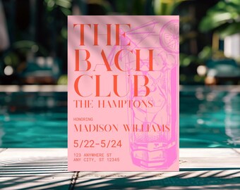 Pink Bachelorette Invitation: Minimalist Beach Club Theme (Editable Template)