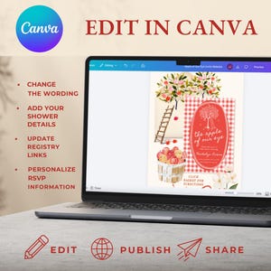 May include: A laptop screen displaying a Canva interface with an editable baby shower invitation template. The design features a red gingham border, an apple tree illustration, a basket of apples, and the text 'the apple of our eye'.