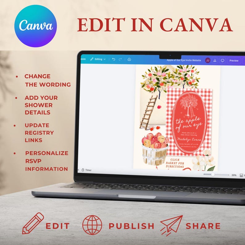 May include: A laptop screen displaying a Canva interface with an editable baby shower invitation template. The design features a red gingham border, an apple tree illustration, a basket of apples, and the text 'the apple of our eye'.