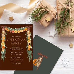Trendy Orange Garland Christmas Invite, Velvet Brown Bows, Coquette Christmas, Rustic Cottagecore Party Invite, Christmas Party Invite