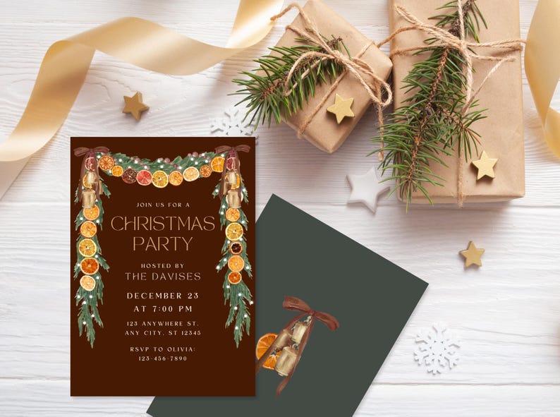 Trendy Orange Garland Christmas Invite, Velvet Brown Bows, Coquette Christmas, Rustic Cottagecore Party Invite, Christmas Party Invite