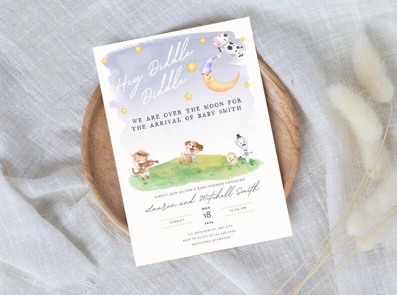 Hey Diddle Diddle Baby Shower Invitation: Watercolor Nursery Rhyme ...
