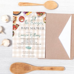 May include: A baby shower invitation with a gingham background and illustrations of food. The text reads "Fill the Freezer Baby Shower Honoring Lauren Williams" with the date and time of the event.