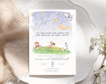 May include: A baby shower invitation with a watercolour background featuring a crescent moon, stars, and animals. The text reads "Hey Diddle Diddle We are over the moon for the arrival of Baby Smith".